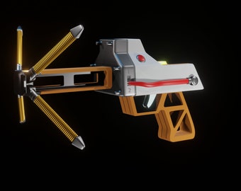 May include: A futuristic-looking, orange and white handheld device with a red lever and three spring-loaded prongs. The device has a black and silver section in the middle and a small red button on the top.