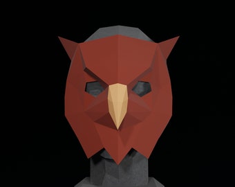 Owl bird PAPERCRAFT MASK PDF Template- 3D masquerade costume for Halloween