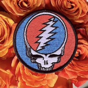 May include: A circular embroidered patch featuring a stylized skull design with a lightning bolt across the forehead. The graphic is divided into red and blue sections with a white skull outline and black stitching, finished with a black border.