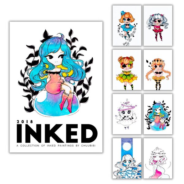 INKED 2018 • Printable Art Prints • Kawaii Anime Paintings • Digital Downloads • Printable File • Inktober • PDF • Inked Illustrations
