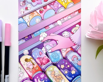 Soda Cans Art Print • Celestial Anime Wall Art • Christmas, birthday, holiday gift • Magical paintings • Anime Art • Comfy bunny art print
