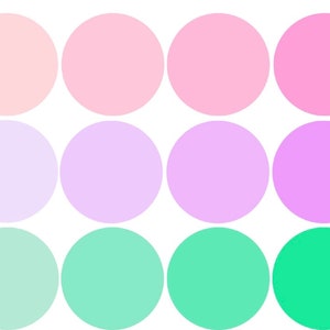May include: A color palette with 12 circles in three rows of four. The top row is pink, light pink, and a darker pink. The middle row is lavender, light purple, and a darker purple. The bottom row is light green, mint green, and a darker green.