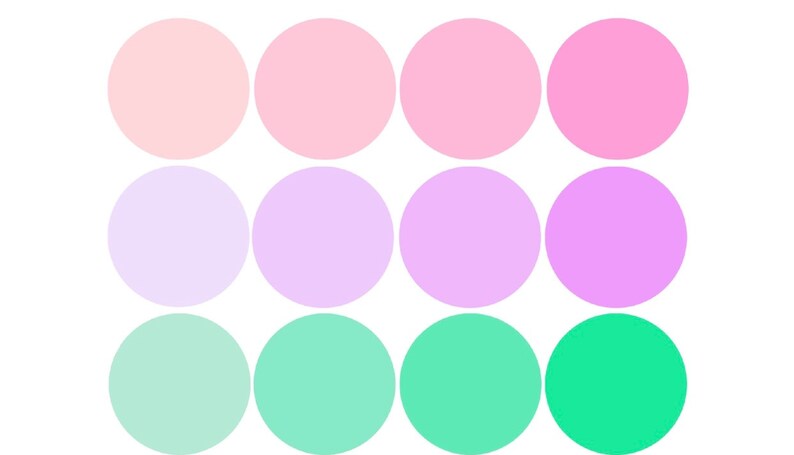 May include: A color palette with 12 circles in three rows of four. The top row is pink, light pink, and a darker pink. The middle row is lavender, light purple, and a darker purple. The bottom row is light green, mint green, and a darker green.