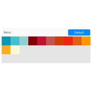 May include: A color palette with the title "Retro" displayed above a row of 12 color swatches. The swatches are in shades of teal, blue, green, red, orange, and yellow. The colors transition from cool to warm.