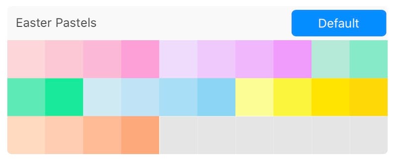 May include: A color palette with the title "Easter Pastels" showing 12 pastel colors in a grid. The colors are pink, light purple, light blue, yellow, and green.