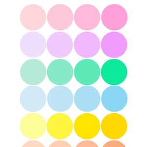 May include: A digital colour palette with 15 pastel colours arranged in a grid. The colours are pink, lavender, mint green, light blue, yellow, and peach.