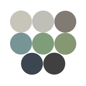 May include: A color palette with eight circles in different shades of green, blue, gray, and brown.