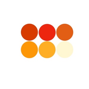 May include: Six circles in a row, with a gradient of orange, red, and yellow colors. The circles are arranged from left to right, starting with the darkest orange and ending with the lightest yellow.
