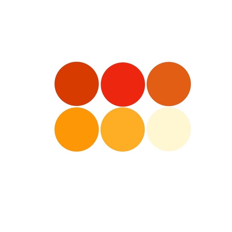 May include: Six circles in a row, with a gradient of orange, red, and yellow colors. The circles are arranged from left to right, starting with the darkest orange and ending with the lightest yellow.