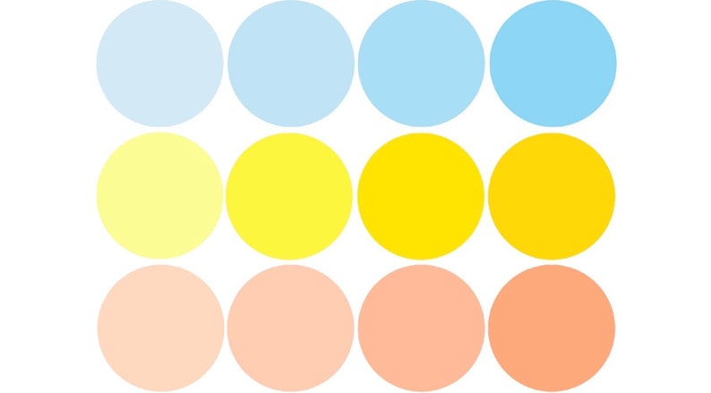 May include: A gradient of nine circles, starting with light blue, transitioning to yellow, and ending with peach.