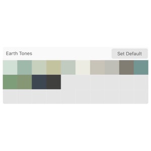 May include: A color palette with the title "Earth Tones" and a button that says "Set Default". The palette includes shades of green, gray, beige, and brown.