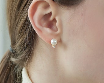 Sterling Silver Elegant "Lee" Earrings • 8mm Pearl 2mm Cubic • Bridesmaid Earrings Gift • Best Gifts for Her!