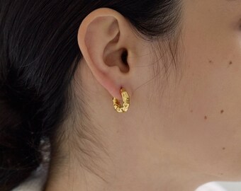 Hammered Sterling Silver Hoop Earrings "Mena" • 14k Gold Accent