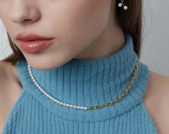 Unique Pearl Chain Necklace “Deux” • Delicate 925 Sterling Silver Swarovski 4mm Pearl • Best Gifts for Her!