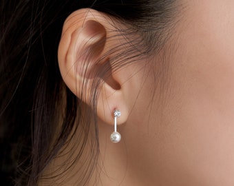 Sterling Silver "Eran" Pearl Drop Earrings • Crystal Accent, Gold Plated