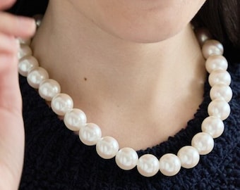 Classic Swarovski Large Pearl Necklace "Grace Pearl" • Delicate 18K Gold Plate 14mm Swarovski Pearl • Best Gifts for Her!