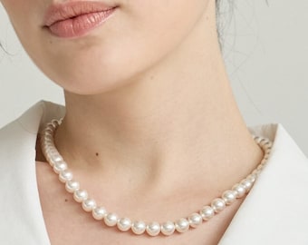 Classic Swarovski Large Pearl Necklace "Grace Pearl" • Delicate 18K Gold Plate 8mm Swarovski Pearl • Best Wedding Gifts for Her!