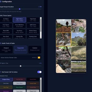 May include: A dark blue interface with a configuration menu. The menu includes options for video layout, audio tracks, and design styles. A grid of eight videos is displayed on the right, showcasing various outdoor scenes.