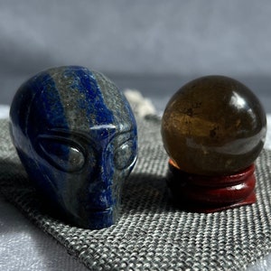 Galactic Lapis Lazuli Alien Head & Smoky Quartz Sphere combo with Gift Pouch