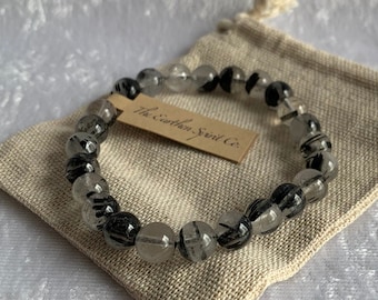 8mm Tourmalinated Quartz Beaded Bracelet with Pouch