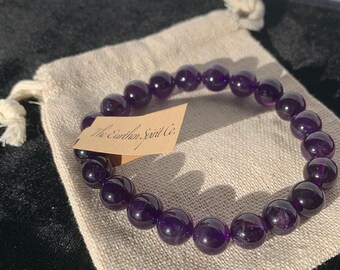 9mm Amethyst Beaded Bracelet with Jewelry Pouch