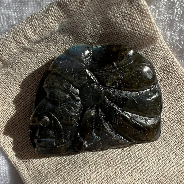 Intricate Canadian Labradorite Indian Head Carving with Gift Pouch