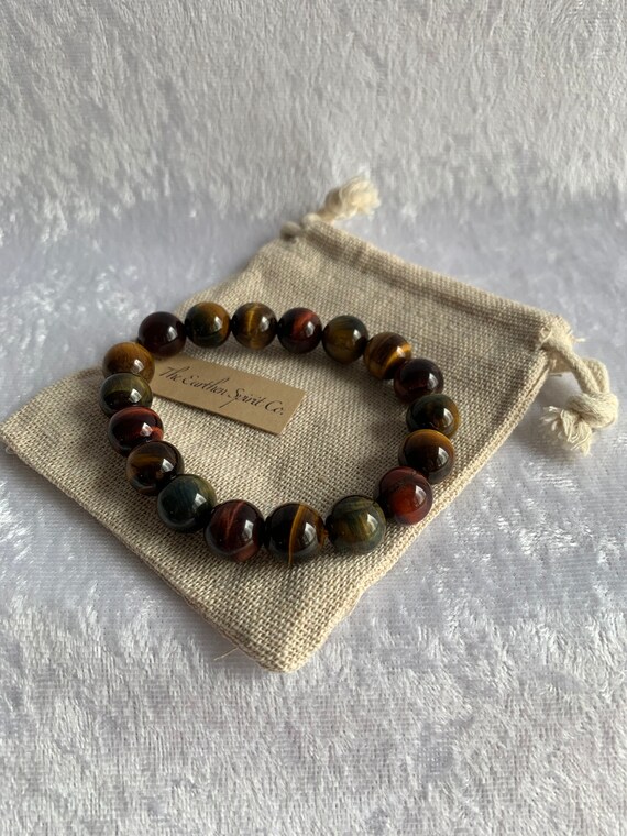 10mm 3-Color Tiger Eye Beaded Bracelet with Pouch - image 1