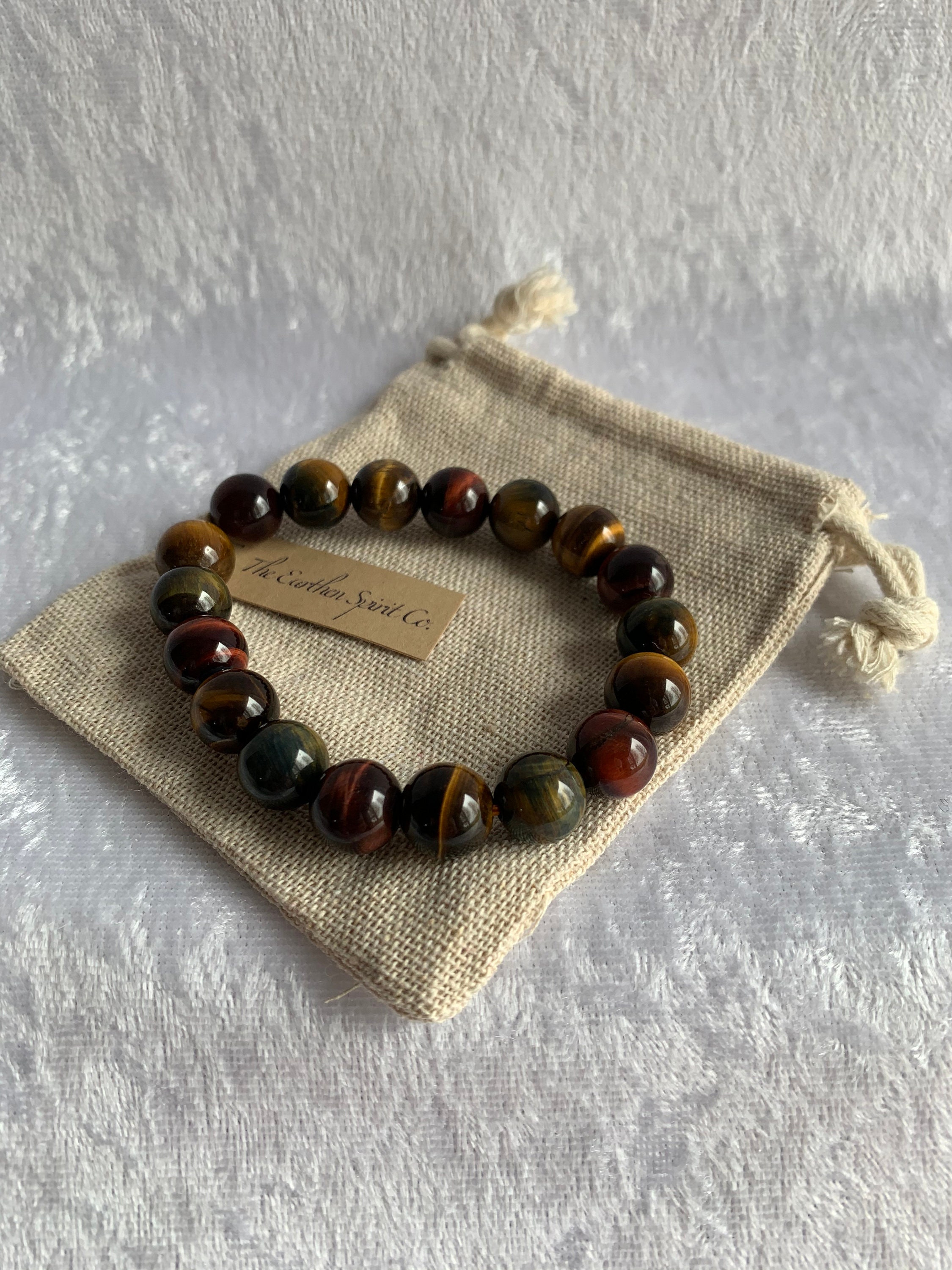 10mm 3-Color Tiger Eye Beaded Bracelet with Pouch