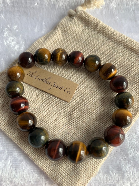 10mm 3-Color Tiger Eye Beaded Bracelet with Pouch - image 2