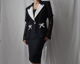 Vintage Cut-Out Skirt Suit w/ Bow Details | Navy & White | by Joseph Ribkoff | Women's Size M/L (29-30”w)