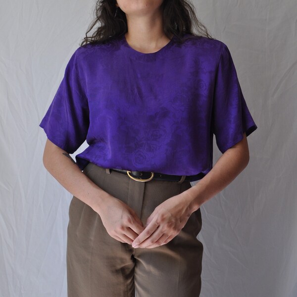 Vintage 100% Silk Bold Purple Tee | 80's Short Sleeve Blouse | by Marguerite Li | Women's M/L