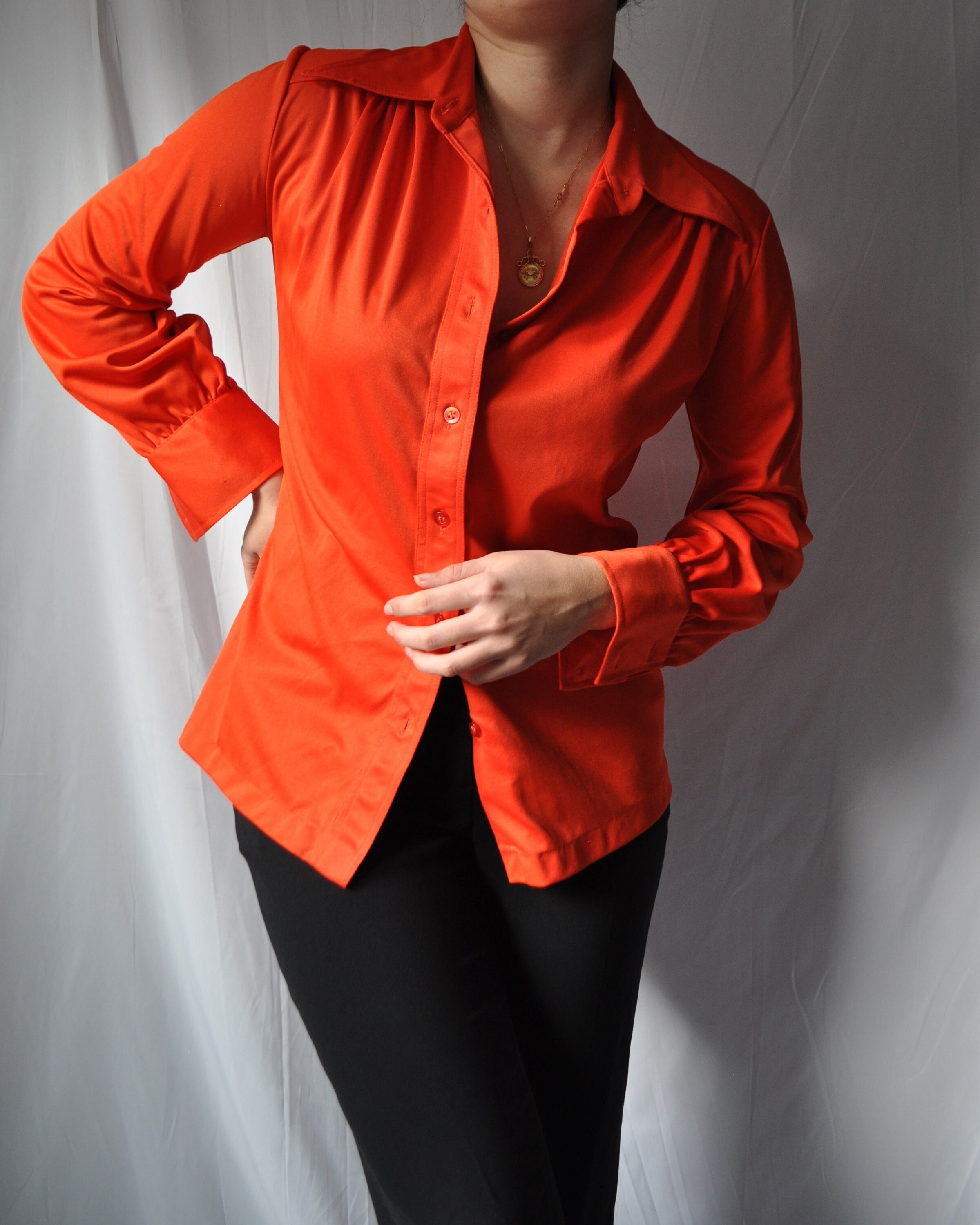 burnt orange button up shirt women's
