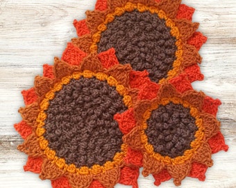 Harvest Sunflower Collection for Autumn, Fall, Potholder, Trivet, Hot Pad, Dishcloth, Coaster, Sunflower, Housewarming, Crochet, Cotton Yarn