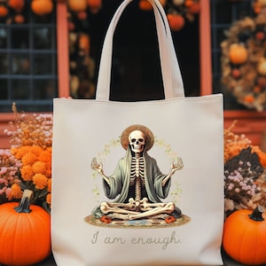 Yoga Skeleton Floral I Am Enough Motivational Sentiment Cotton Canvas Tote Bag peaceful zen yoga gift peace gift om namaste gift