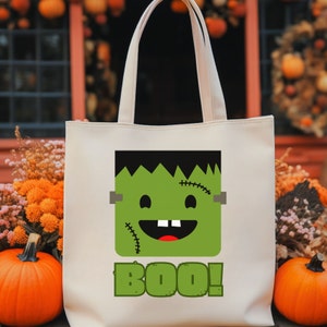 Big Bold Boo Halloween Trick or Treat Candy Cotton Canvas Tote Bag october 31 cute Frankenstein monster bag