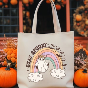 Spooky Halloween bag retro hippie theme rainbow fun scary ghost Cotton Canvas Tote Bag retro color bag retro rainbow bag october 31