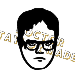 May include: Black and white silhouette of a man's face with glasses. The text "DOCTOR" and "TAYLORMADE" is superimposed over the image in yellow.