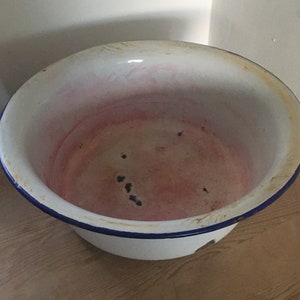 Vintage enamel bowl / planter - blue over white