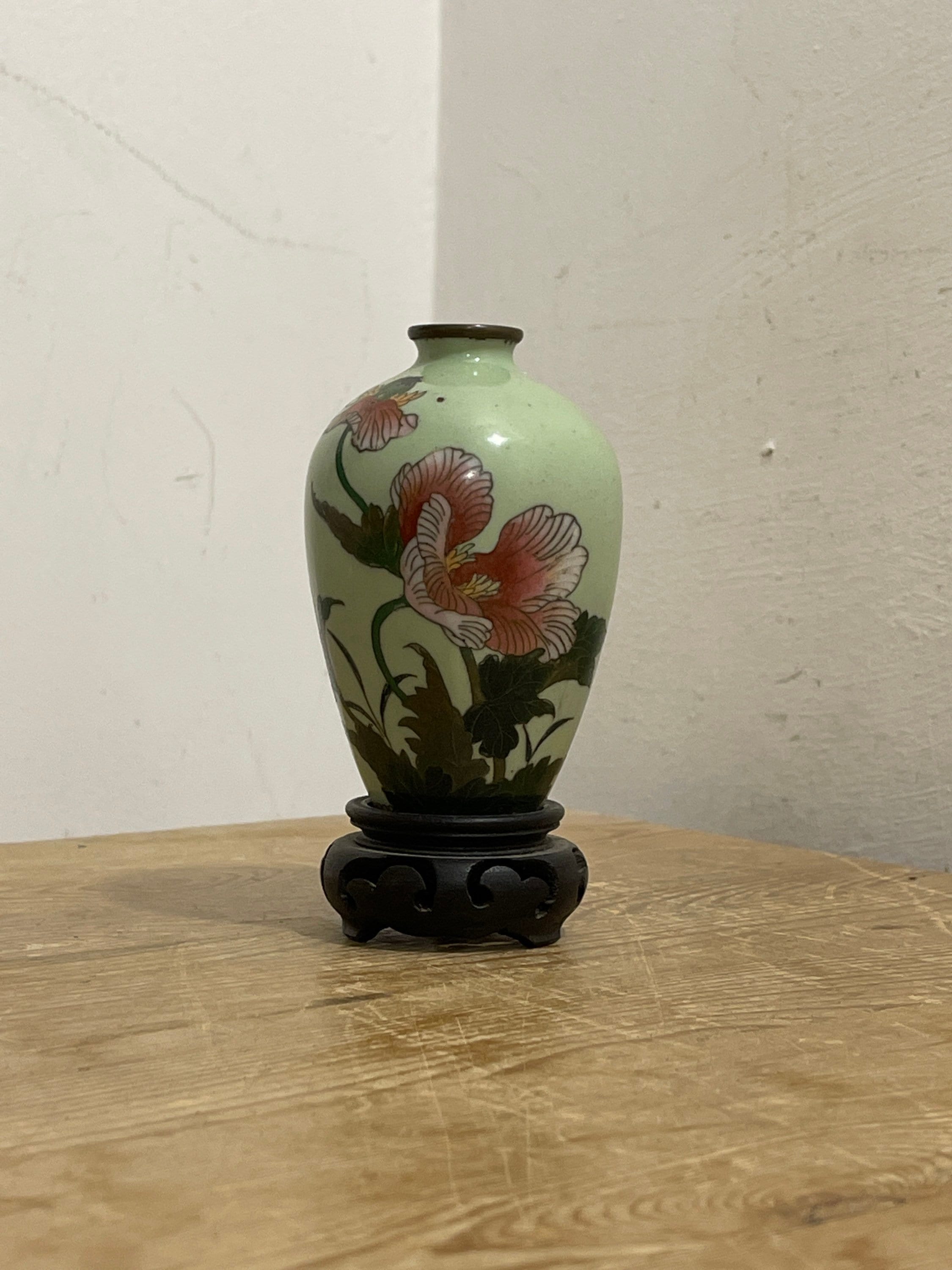 Vintage Cloisonne miniature vase with wooden base