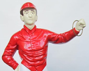 Hand-crafted Red-Vested Real Metal Lawn Jockey Statue with gold colored ring