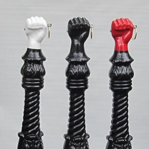 Hand-crafted Non-rusting Aluminum Clenched Fist Antique Reproduction Hitching Post Painted Gloss Red, Black or White with Gold Zinc Ring
