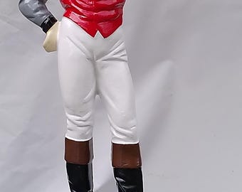Hand-crafted Traditional Red-Vested Real Metal Lawn Jockey Statue with gold colored ring