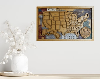 US Travel Map Personalized 3 layers Baltic Birch Hand Painted Quick Shipping Insertable States