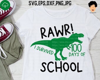 Rawr I Survived 100 Days Of School svg, dinossauro kid svg, professor svg, 100 dias de escola svg, 100º dia svg, camisa de professor de escola, arquivo de corte