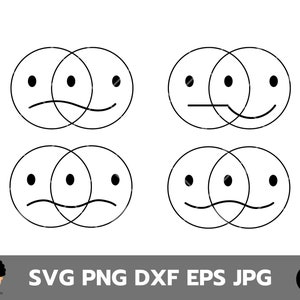 Puede incluir: Cuatro diagramas de Venn en blanco y negro con círculos superpuestos. Cada círculo contiene una cara sonriente simple con diferentes expresiones. El diagrama superior izquierdo muestra una cara triste que se superpone a una cara feliz. El diagrama superior derecho muestra una cara neutral que se superpone a una cara feliz. El diagrama inferior izquierdo muestra una cara triste que se superpone a una cara triste. El diagrama inferior derecho muestra una cara feliz que se superpone a una cara feliz.
