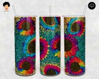 Krawattenfarbe Sonnenblumen mit Glitzer Hintergrund 20oz Tumbler Sublimation, Buntes Sonnenblumen Design, Krawattenfarbe Sonnenblumen Print Sublimation Dowload