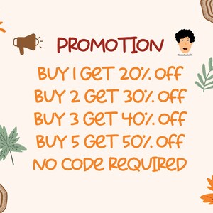 May include: A graphic with fall-themed leaves and a megaphone announcing a promotion: Buy 1 get 20% off, Buy 2 get 30% off, Buy 3 get 40% off, Buy 5 get 50% off. No code required.