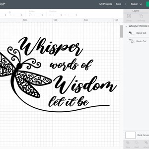 May include: Black and white graphic design featuring a stylized dragonfly with intricate details and the text "Whisper words of wisdom let it be".