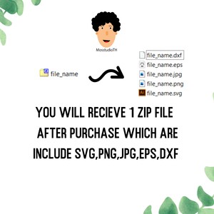 May include: A digital illustration of a person with curly hair and a mustache. The illustration is surrounded by a green floral border. The text "YOU WILL RECIEVE 1 ZIP FILE AFTER PURCHASE WHICH ARE INCLUDE SVG, PNG, JPG,EPS,DXF" is below the illustration.