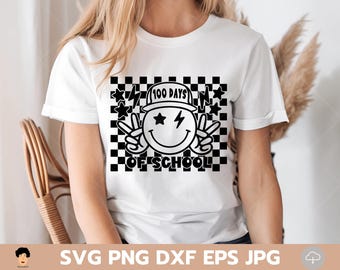 100 days of school svg, 100th day of school png, kindergarten svg, kids shirt design, files for cricut, 100 days retro smile face svg.
